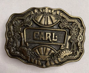 Hebilla de cinturón vintage década de 1970 marcada Carl by Oden estilo occidental latón borde festoneado - Imagen 1 de 3