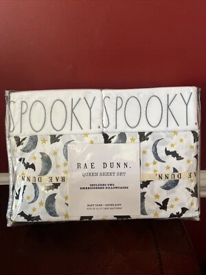 Rae Dunn Halloween Sheet Set Embroidered SPOOKY Blue Moon Bats Stars Queen - Image 1 of 4