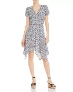 Aqua Floral Print Dress faux Wrap Wrap Midi Dress Crepe Black White SZ M NWT - Picture 1 of 2