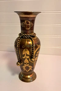 Vintage Solid Brass Vase Etched Floral Two-tone Design 8" India - Picture 1 of 14