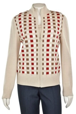 St. John Knits Twinset sz P - 2Pc Birch/Red Check 2Pc Cardigan & Top Sweater Set - Image 1 of 4