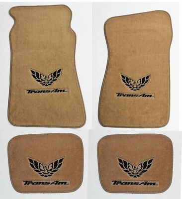 NEW! Carpet FLOOR MATS Tan 1970-1981 PONTIAC FIREBIRD Embroidered Logo on All 4 - Image 1 of 4