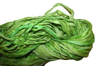 10 yards Recycled Sari Silk Ribbon Yarn Green - Image 1 of 2