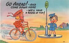 Boy Policeman Gives Go Sign To Cute Girl on Bicycle-Comic Old Linen Postcard-574