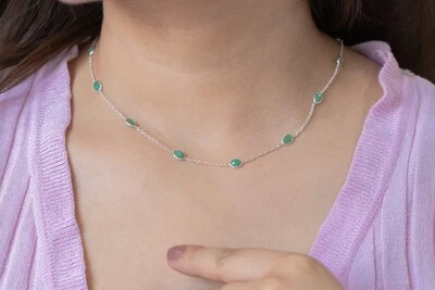 925 Sterlingsilber Natürlicher Smaragd Edelstein Station Halskette Handgemacht - Bild 1 von 4