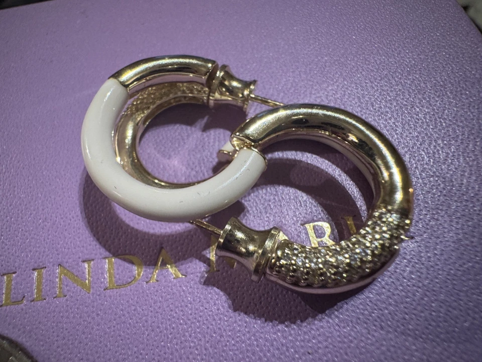 Melinda Maria Double Hoop Enamel and Gold Hoops with Pave Stones .75” bamboo  - Image 1 of 4