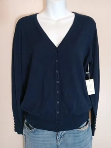 Cielo Women Navy Blue Button Down V Neck Longsleeve Button Design Sweater Size L - Picture 1 of 6