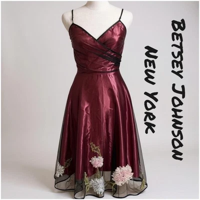 Betsey Johnson RARE**Sz 4 Mesh Floral Embroidery Wrap Retro Glam Dress VINTAGE! - Image 1 of 4