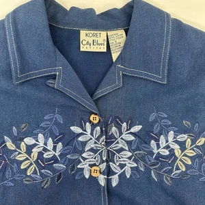 Vintage KoretCity blau besticktes Jeanshemd Damen M Knopfleiste S/S Blumen 80’s - Bild 1 von 11