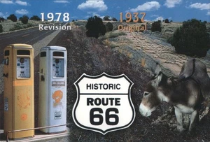 Historic Route 66: Gas Pumps,Donkey,1937 Original & 1978 Revision Postcard - Bild 1 von 2