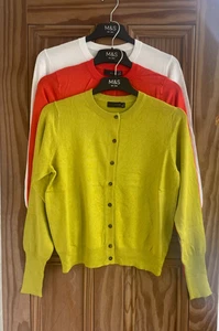 Ex M&S Collection New Crew Neck Button Cardigan Top White Orange Green Size 6-20 - Picture 1 of 3