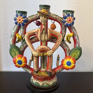 Tree of Life El Charro Folk Art Pottery Mexican Candle Holder Birds Flowers 8.5" - Picture 1 of 10