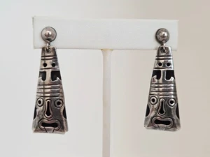 VTG MEXICO Sterling Silver Mayan Aztec Tribal Mask Dangle Screwback Earrings - Picture 1 of 8