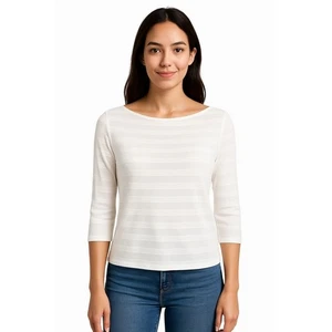 Ann Taylor Loft White Sheer Striped Boat Neck 3/4 Sleeve Knit Top S Casual 50-11 - Picture 1 of 15