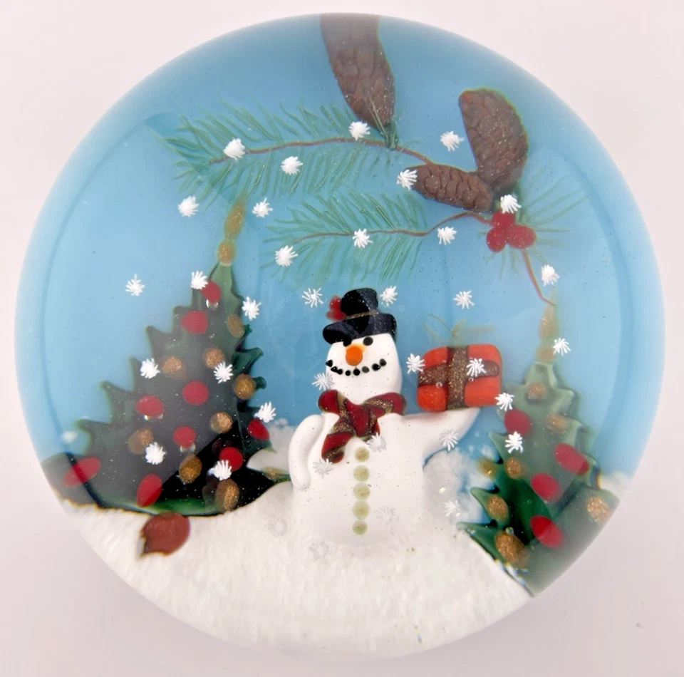 RICHARD LOESEL 2023 Holiday Snowman & Trees Glass Paperweight W/Box 3.4" - image 1 of 4