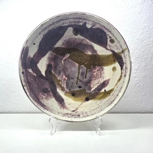 Plato de cerámica arte estudio hecho a mano rústico abstracto púrpura dorado esmalte por goteo firmado - Imagen 1 de 8