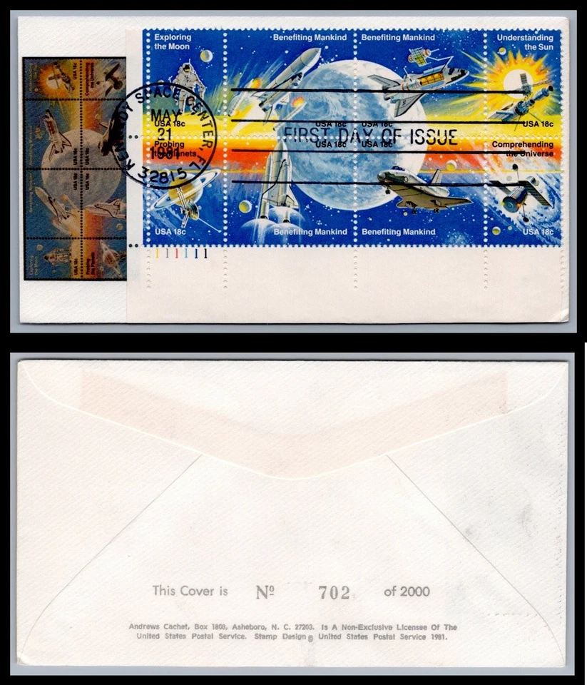 US FDC # 1912-1919 18c Space Achievement  Andrews Plate Block LL 1981, 9Q957 - Image 1 of 1