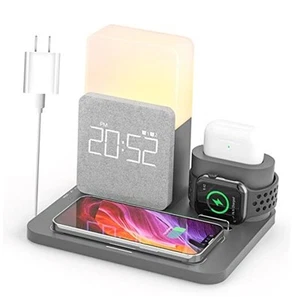 Wireless Charging Station, 3 in 1 Charging Station, Alarm Clock with Gray - Photo 1/7
