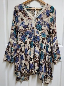 Umgee Kleid S Blumen Häkelborte Glockenärmel Boho Cottagecore Mini Bauer - Bild 1 von 9