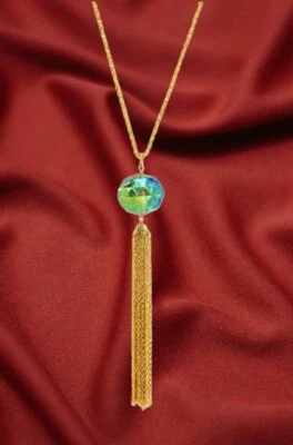 Collar colgante grande de cristal verde con borla de cadena larga de oro cadena de 26" Nuevo Foto 1 de 4