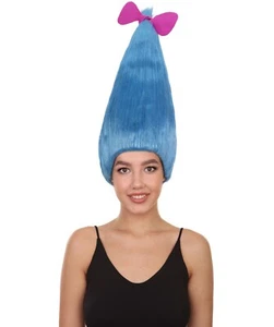 Adult Women's Long Halloween Animated Blue Pop Troll Wig with Pink Bow HW-6949A - Picture 1 of 9