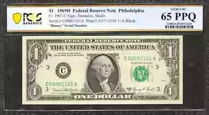 1969D $1 FEDERAL RESERVE NOTE PHILADELPHIA FR.1907-C CA BLOCK PCGS 65 PPQ (101A) - Picture 1 of 2