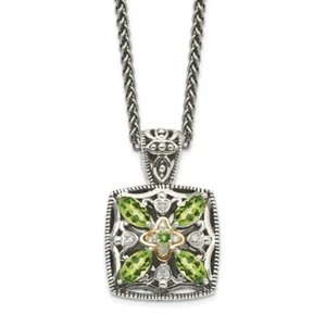 14k/Silver Two-Tone Sterling Silver 14k 14kt Diamond & Peridot Necklace 2mm - Picture 1 of 2