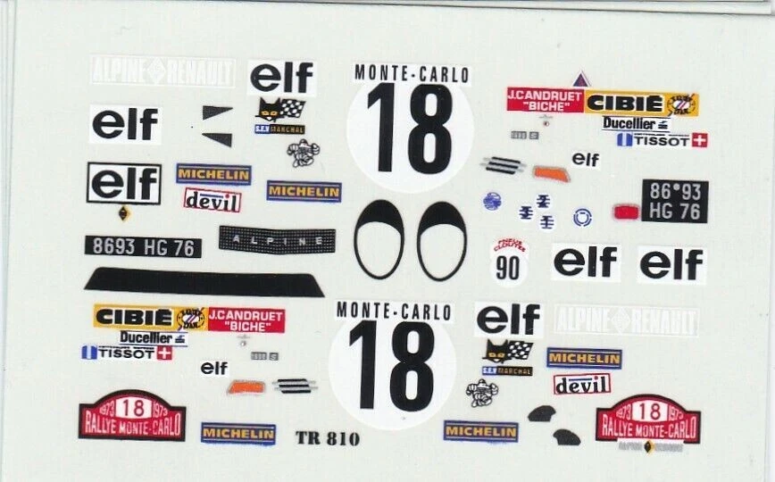 decalcomanie décals  Monte Carlo 1/43 Renault Alpine A110 N°18 1973 Andruet - Photo 1/1