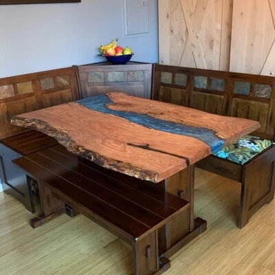 Handmade Coffee Center Furniture Wooden Table Epoxy Resin Top Dining Blue River - Image 1 of 3