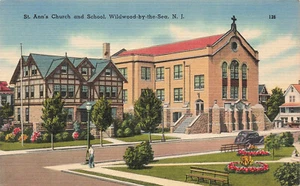 WILDWOOD-BY-THE-SEA NJ ST ANN'S CHURCH & SCHULE VINTAGE LEINEN POSTKARTE 072424 T - Bild 1 von 2