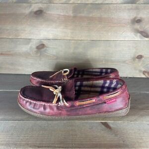Ll bean Womens size 9 slippers red leather hand sewn lined flannel shoes