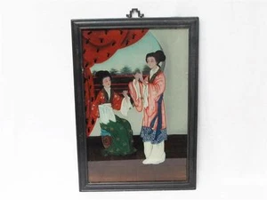 BEAUTIFUL VINTAGE CHINESE REVERSE GLASS PAINTING OF TWO CHINESE LADIES SOWING - Picture 1 of 8