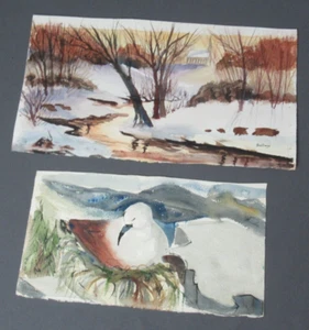 2 pinturas de acuarela - pájaro marino en nido y escena de invierno firmado ballege 1983 - 179 - Imagen 1 de 9