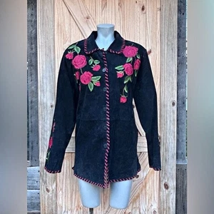Vintage Quacker Factory Black Suede Rose Floral Western Jacket~L~ - Picture 1 of 7