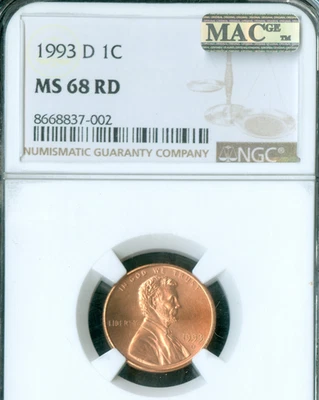 1993 D LINCOLN CENT NGC MS68 RED PQ 2ND FINEST GRADE MAC SPOTLESS . - Image 1 of 2