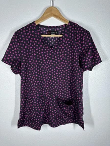 Koi Basics Scrub Top Womens Medium Black Pink Heart Print V Neck Pockets - Picture 1 of 8