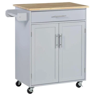 HOMCOM Kitchen Island Cart Gray Wood Rolling Storage Cabinet Drawer Towel Rack - Image 1 of 4