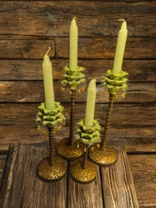 4 Cold Painted Brass Candlestick Set - Tropical Palm Trees with Beaded Accents - Picture 1 of 3