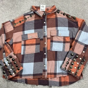 Free People Shirt Medium Plaid Stud Accent Button Snap Crop Flannel Western NWT - Picture 1 of 16