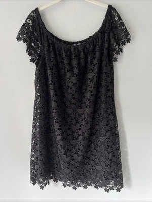 Ralph Lauren Black Floral Lace Overlay Sheath Cocktail Dress Off Shoulder 16 - Image 1 of 4