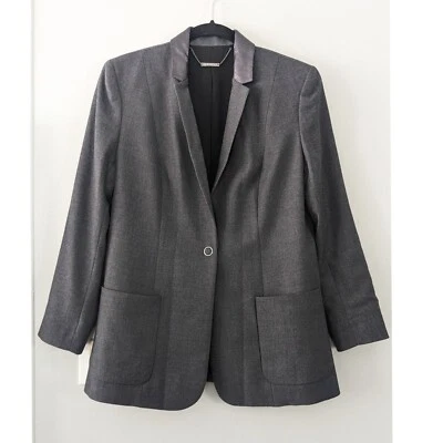 Chaqueta Blazer Elie Tahari Wendy Cuero Cuello Lana Gris Talla 10 Foto 1 de 4