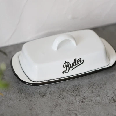 Белое эмалированное домашнее блюдо для масла с крышкой, настольный контейнер для масла - Изображение 1 из 4