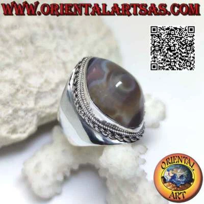 Anello in argento 925 ‰ agata occhio di Shiva (terzo occhio) a navetta e bordo a - Immagine 1 di 4