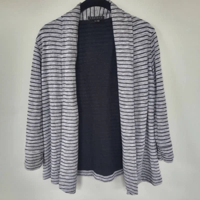 Theory Womens Small Open Front Cardigan Black Gray Stripe Ruched Long Sleeves - Image 1 of 4
