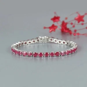 14 ctw Created Round Cut Ruby Tennis Women's Bracelet 14K White Gold Plated .925 - Picture 1 of 6