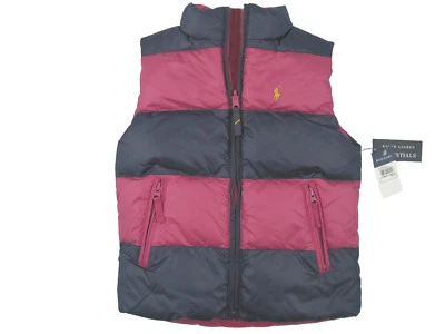 全新 Polo Ralph Lauren 双面女孩 Puffer 背心! M粉色条纹反转 — 第 1/2 张图片