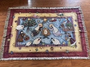 Vintage Christmas Angels Happy Bday Jesus Throw Blanket Tapestry Goodwin Weavers - Picture 1 of 9