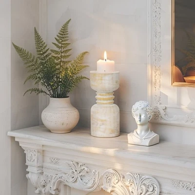 Willow & Silk Handmade Wooden 25x12cm Carved Whitewash Pillar Candle Holder - image 1 of 4