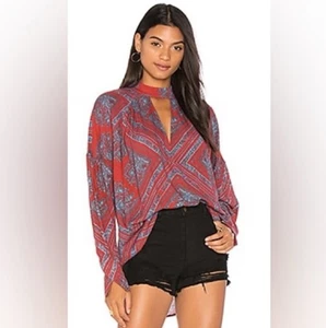Free People Medium Oversized Boho Chic Indie Core Cutout Choker Shirt Top  - Picture 1 of 4