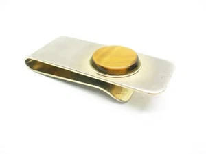 Estate Money Clip 14k White Gold Over Tiger Eye Gemstone Size" 1 3/4" By 3/4" - Picture 1 of 6